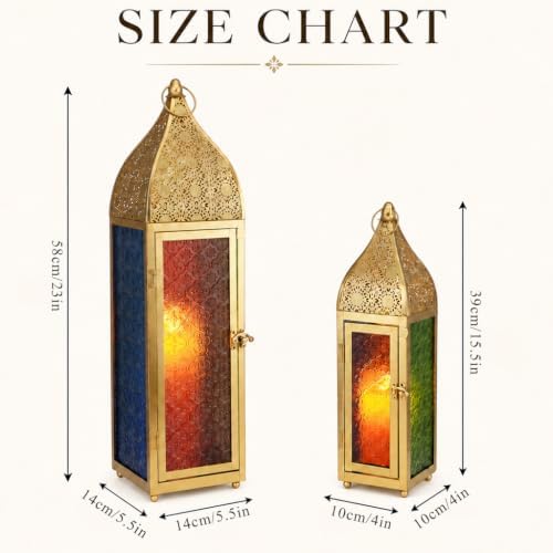 TRIROCKS 2-Pack Moroccan Candle Lanterns 23'' H Metal Vintage Candle Holder with Embossed Colored Tempered Glass Ramadan Lantern for Living Room Garden Yard Patio Parties Events (Gold) - Image 2