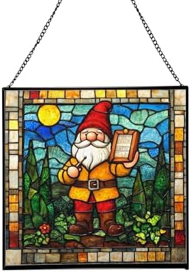 Gnome with rain Gauge Stained Glass Suncatcher – Square Hanging Window Panel for Home, Garden, Nursery, Halloween, Christmas, Memorial Day – Whimsical Glass Art Gift for Gnome Lovers pcwylf by Custom