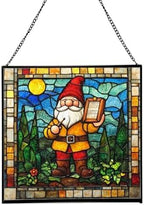 Gnome with rain Gauge Stained Glass Suncatcher – Square Hanging Window Panel for Home, Garden, Nursery, Halloween, Christmas, Memorial Day – Whimsical Glass Art Gift for Gnome Lovers pcwylf by Custom