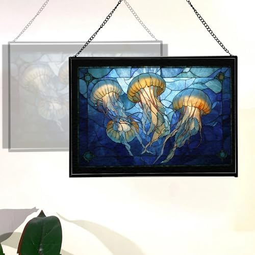 Jellyfish Floating in Moonlit Waters Rectangular Stained Glass Suncatcher – Hanging Window Panel with Animal & Nature Scene – Vibrant Glass Art Gift for Wildlife, Fantasy, Nature Lovers C8fTo1 - Image 3