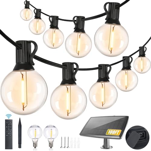 Yusist 100FT Solar String Lights Outdoor Waterproof with Remote, G40 Solar Powered String Lights with 30+2 LED Shatterproof Bulbs, Dimmable Solar Patio Hanging Lights for Outside Backyard Party by Yusist