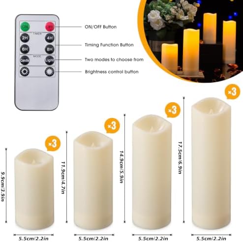 12-Pack Flameless LED Candles with Remote & Timer, 4 Sizes (3.9" to 6.9"), Waterproof Outdoor Pillar Candles, Realistic Flame & Steady Light Modes for Wedding, Patio, Party - Image 3