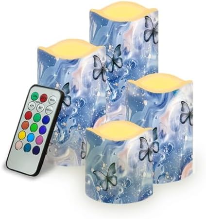 Blue Marble Butterfly Flickering Flameless Candles Battery Operated Candles Set of 4 with Remote Control Timer Color Changing Pillar Candles Bulk Tea Lights Home Table Kitchen Decoration by Uorisanigo
