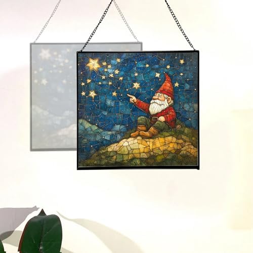 Gnome Stargazing Hill Stained Glass Suncatcher – Square Hanging Window Panel for Home or Greenhouse – Whimsical Glass Art Gift for Garden Lovers, Christmas, Halloween, Father Days CPnjtO - Image 4