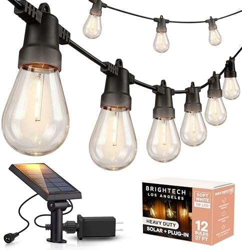 Brightech Ambience Hybrid Outdoor String Lights - Dual Plug and Solar Powered Waterproof LED Light String for Outside - 27 Ft, Soft White Edison Bulbs, for Camping, Patio, Cafe, Yard, Porch by Brightech