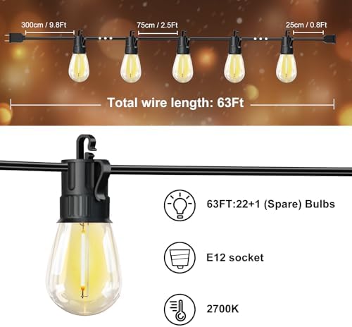 Outdoor String Lights LED Patio-Light,63Ft Waterproof Dimmable Porch Lights with 22 Shatterproof S14 Bulbs,Outside Hanging Light Connectable Lighting for Backyard Yard Gazebo Party Garden Bistro - Image 5