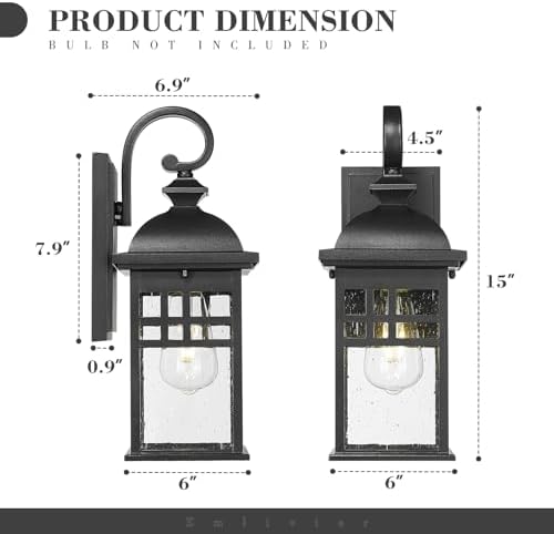 Emliviar 15" Outdoor Porch Lights 2 Pack, Outdoor Wall Lights for House, Seeded Glass Shade, Black Finish, DE279B-2PK BK - Image 6