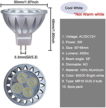 ALIDE MR16 LED Bulbs Daylight 6000K Bright White 12 Volt Low Voltage 6PCS - Image 2
