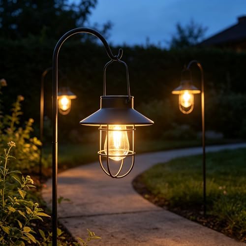 Solar Lanterns Outdoor Waterproof,4pack Hanging Solar Lights Lantern Lamp with Shepherd Hook, Metal Waterproof Edison Bulb Lights for Garden Outdoor Pathway - Image 5