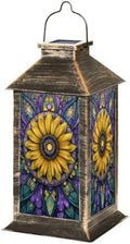 Stained Glass Style Solar Lantern Outdoor Garden Hanging Lantern Sunflower Stained Glass Window Spring Colored Mosaic Waterproof Solar Powered Lighting Outside Table Lamp for Patio Deck Yard by Unknown