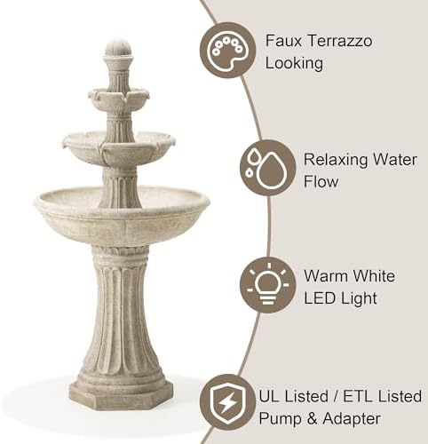 Glitzhome Three Tier Outdoor Floor Standing Fountain with LED Lights and Pump, 45.25" Tall Cascading Water Fountain Outdoor Fountains and Waterfalls Resin Patio Fountains for Garden Backyard Lawn - Image 5