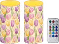 Pack of 2 Easter Day Tulip Flameless Candles with Remote Battery Operated Candles with Timer Waterproof Lanterns LED Real Wax Flameless Pillar Lights for Patio Porch Decoration by Merkmak
