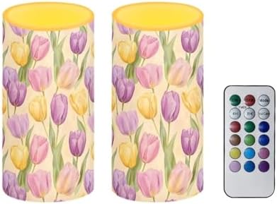 Pack of 2 Easter Day Tulip Flameless Candles with Remote Battery Operated Candles with Timer Waterproof Lanterns LED Real Wax Flameless Pillar Lights for Patio Porch Decoration by Merkmak