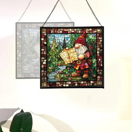 Gnome with Treasure map Stained Glass Suncatcher – Square Hanging Window Panel for Home, Garden, Nursery, Halloween, Christmas, Memorial Day – Whimsical Glass Art Gift for Gnome Lovers lfqkjl - Image 4
