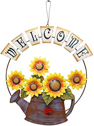 Large Vintage Metal Hanging Watering Can Design with Sunflower Wecome Sign Wall Front Door Garden Kitchen Patio Decoration Sunflower Door Wreaths 14''x15.5'' by Unknown
