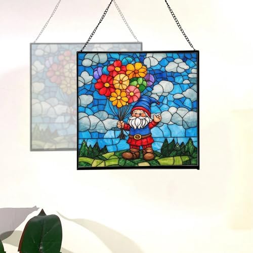 Balloon Bouquet Gnome Stained Glass Suncatcher – Square Hanging Window Panel for Home or Greenhouse – Whimsical Glass Art Gift for Garden Lovers, Christmas, Halloween, Father Days 6StD07 - Image 4
