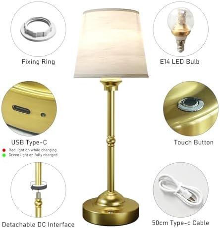 CHLORANTHUS 2 Pack Cordless Table Lamps, 3 Colors Stepless Dimming Fabric Desk Lamp, 6000mAh Rechargeable Battery LED Desk Lamp, Touch Night Light for Bedroom, Dining, Desk, Cafe - Image 5