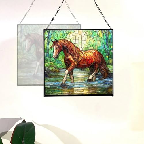 Chestnut Tennessee Walking Horse Stepping Through Shallow Creek Square Suncatcher – Stained Glass Style Window Panel with Scene, Custom Decorative Hanging Art for Equestrian Home, Christmas 9N2Zu1 - Image 4