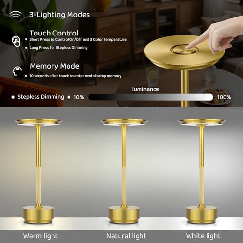 UdoUto 2-Pack Cordless Table Lamps Rechargeable, Gold - Image 4