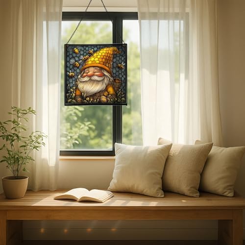 Bee Keeper Gnome Stained Glass Suncatcher – Square Hanging Window Panel for Home or Greenhouse – Whimsical Glass Art Gift for Garden Lovers, Christmas, Halloween, Father Days 1iRWQX - Image 7
