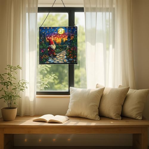 Twilight Garden Gnome Stroll Stained Glass Suncatcher – Square Hanging Window Panel for Home or Greenhouse – Whimsical Glass Art Gift for Garden Lovers, Christmas, Halloween, Father Days CvOKPY - Image 7