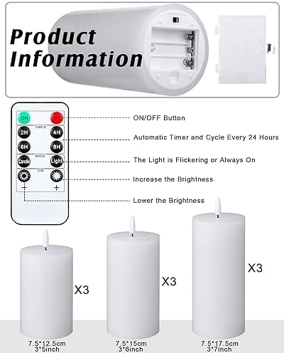 VIHOSE 9 Pack White Flameless Candles Set with Remote and Timer Flickering Flameless Battery Candles Flat Top LED Pillar for Wedding Outdoor Home Festival Decoration(D 3'' H 5'' 6'' 7'') - Image 2