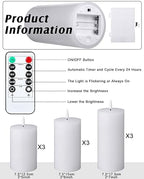 VIHOSE 9 Pack White Flameless Candles Set with Remote and Timer Flickering Flameless Battery Candles Flat Top LED Pillar for Wedding Outdoor Home Festival Decoration(D 3'' H 5'' 6'' 7'') - Image 2