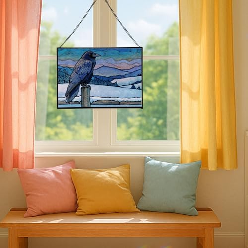 Raven Sitting on Frosted Fencepost Rectangular Stained Glass Suncatcher – Hanging Window Panel with Animal & Nature Scene – Vibrant Glass Art Gift for Wildlife, Fantasy, Nature Lovers p1akbz - Image 5