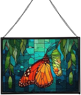 Butterfly Emerging from Chrysalis Rectangular Stained Glass Suncatcher – Hanging Window Panel with Animal & Nature Scene – Vibrant Glass Art Gift for Wildlife, Fantasy, Nature Lovers sx7j5L by Custom