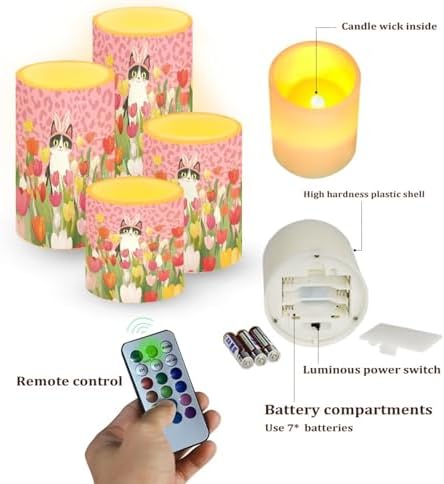 Battery Operated Flameless Candles with Timer Remote Tulip Cat LED Candles Flickering for Easter Day Indoor Outdoor Leopard Print Lanterns Lights Home Decorations - Image 2