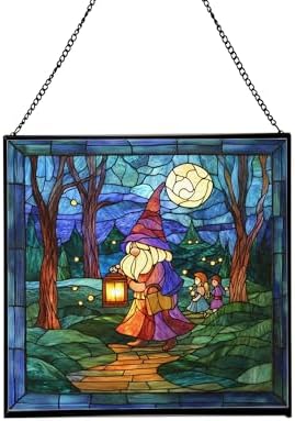 Gnome with Lantern Stained Glass Suncatcher – Square Hanging Window Panel for Home, Garden, Nursery, Halloween, Christmas, Memorial Day – Whimsical Glass Art Gift for Gnome Lovers ihs2et by Unknown