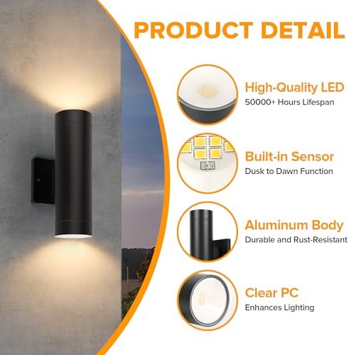 LUTEC Dusk to Dawn Outdoor Wall Lights, 16W Integrated LED Cylinder Up-Down Sconce, 3000K Waterproof Aluminum Exterior Lighting, Matte Black Modern Porch and Entryway Wall Light Fixture, 4 Pack - Image 3