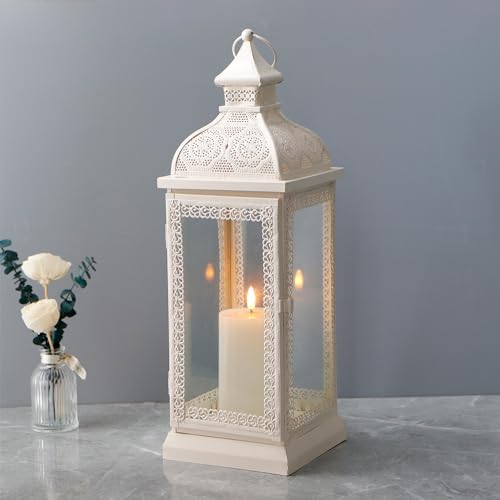TRIROCKS Rustic Style Metal Candle Lantern 19'' High Decorative Hanging Lantern Candle Holder with Tempered Glass for Christmas Living Room Garden Yard Patio Parties Events Indoors Outdoors(Cream) - Image 6