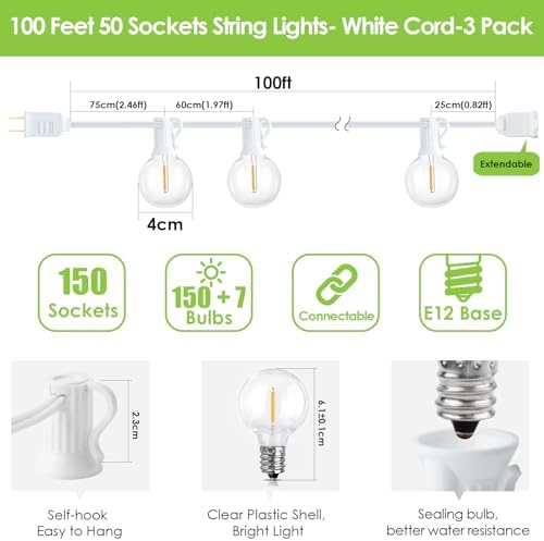 Mlambert 300Ft(3x100Ft) LED Outdoor String Lights Dimmable Waterproof G40 Globe Patio Lights with 150+7 Warm White Bulbs for Bistro Outside-White Cord - Image 4