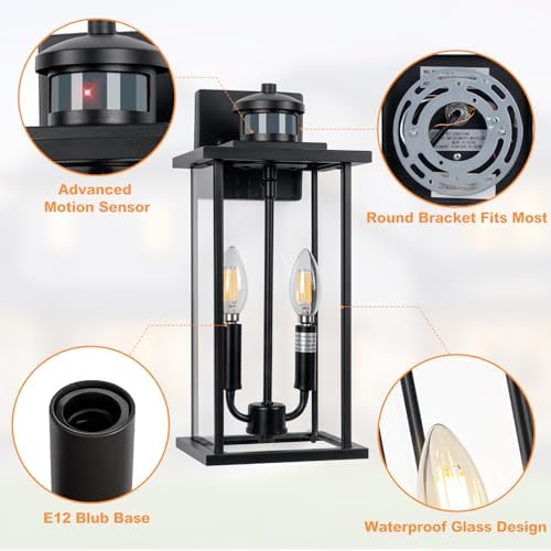 16in 2-Light Black Outdoor Wall Lights Motion Sensor Porch Light - Image 2