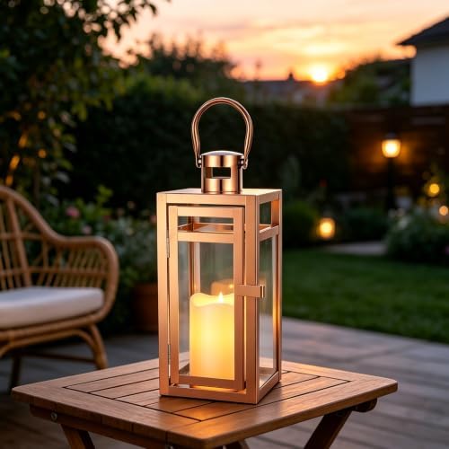 TRIROCKS Stainless Steel Decorative Lantern 12'' High Metal Candle Holder with Tempered Glass Perfect for Home Decor Living Room Parties Events Tabletop Indoors Outdoors (Rose Gold) - Image 4