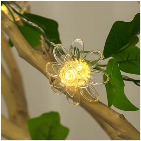 Artificial Flower Vine String Lights With Green Leaves Decor|Led Copper Wire Fairy Lights|Romantic Artificial Plants Ambiance Lamps For Party Christmas Bedroom,B-Warm White,2m(6.5ft)-20LED-Solar by CAKERS