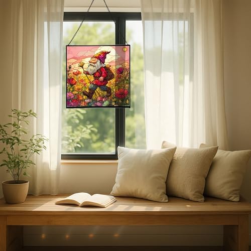 Poppy Meadow Gnome Stained Glass Suncatcher – Square Hanging Window Panel for Home or Greenhouse – Whimsical Glass Art Gift for Garden Lovers, Christmas, Halloween, Father Days DlIaQx - Image 7