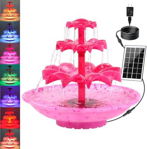 3.5W Solar Fountain Pump for Bird Bath, 3-Tier Red Solar Water Pump with 8 LED Lights, 32.8FT Power Cord and Adapter Included, Dual-Powered for 24/7 Use for Garden, Pond, Pool, Fish Tank and Lawn by Unknown