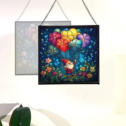 Flower Balloon Lift Gnome Stained Glass Suncatcher – Square Hanging Window Panel for Home or Greenhouse – Whimsical Glass Art Gift for Garden Lovers, Christmas, Halloween, Father Days XOHreA - Image 4