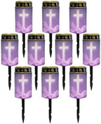 Poceacles Cross Solar Pathway Lights Pack of 10 Outdoor Grave Solar Lights Outside Waterproof Cemetery Flameless Candles Outdoor Solar Candle Grave Markers Eternal Decor, Cross Galaxy Cloud Violet by Poceacles