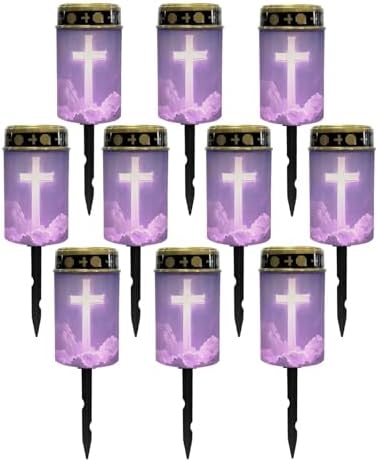 Poceacles Cross Solar Pathway Lights Pack of 10 Outdoor Grave Solar Lights Outside Waterproof Cemetery Flameless Candles Outdoor Solar Candle Grave Markers Eternal Decor, Cross Galaxy Cloud Violet by Poceacles