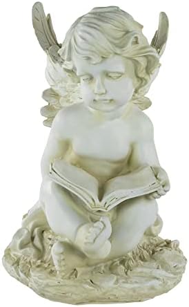 Northlight Heavenly Gardens Distressed Sitting Cherub Angel with Book Outdoor Patio Statue, 12", Distressed Ivory White - Image 2