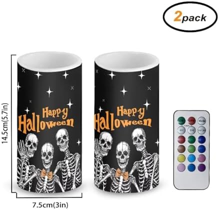 Flameless Candles with Remote Battery Operated Candles with Timer Outdoor Lanterns Happy Halloween Skeleton Flameless Pillar Lights for Trick or Treat Party Decoration - Image 2