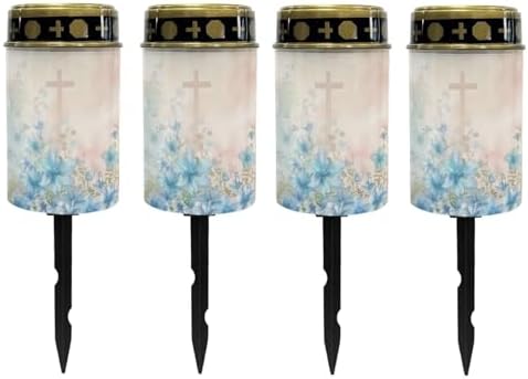 Poceacles Cross Solar Lights Outdoor Cemetery Solar Decorations for Grave Outdoor Waterproof Decorative Flameless LED Candle for Garden Yard Lawn Outdoor Decor, Blue Flower Cross, Pack of 4 by Poceacles