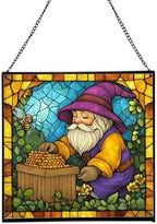 Gnome Beekeeping Stained Glass Suncatcher – Square Hanging Window Panel for Home, Garden, Nursery, Halloween, Christmas, Memorial Day – Whimsical Glass Art Gift for Gnome Lovers b9jpfw by Custom