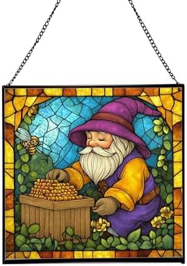 Gnome Beekeeping Stained Glass Suncatcher – Square Hanging Window Panel for Home, Garden, Nursery, Halloween, Christmas, Memorial Day – Whimsical Glass Art Gift for Gnome Lovers b9jpfw by Custom