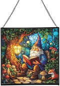 Forest Reading Gnome Stained Glass Suncatcher – Square Hanging Window Panel for Home or Greenhouse – Whimsical Glass Art Gift for Garden Lovers, Christmas, Halloween, Father Days YBMxRz by Custom