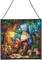Forest Reading Gnome Stained Glass Suncatcher – Square Hanging Window Panel for Home or Greenhouse – Whimsical Glass Art Gift for Garden Lovers, Christmas, Halloween, Father Days YBMxRz by Custom