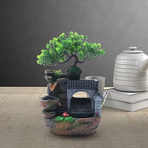 Rockery Tabletop Fountain, Chinese Feng Shui Waterfall Desktop Water Fountain Decor with LED Light, Rockery Tabletop Decoration with Windmills, Plant for Office, Home, Bedroom Desk Decoration by Unknown